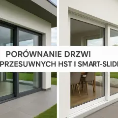 Porównanie drzwi przesuwnych HST i Smart-Slide. Eleganckie okno HST z szarą ramą i nowoczesne okno Smart-Slide z białą ramą.