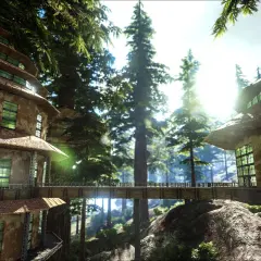 Wysokie, wielopoziomowe budowle w lesie, połączone mostem. Idealne dla graczy, którzy chcą poznać ark survival evolved wymagania.