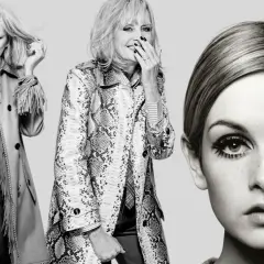 Tres imágenes de Twiggy: una con abrigo de flecos, otra con abrigo estampado y un primer plano icónico de su rostro.