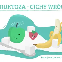 Fruktoza - cichy wróg? Ilustracja z jabłkiem, truskawką i bananem otoczonymi cukrem. Dowiedz się, co to fruktoza.