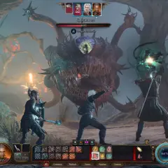 Drużyna w Baldur's Gate III walczy z potężnym potworem na zrujnowanym polu bitwy.
