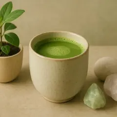 Grüner Matcha-Tee in einer Keramikschale, daneben ein kleiner grüner Spross und Kristalle. Die Matcha Tee Wirkung auf Hormone wird oft diskutiert.