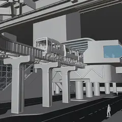 A 3D graphics art instruction scene depicts a futuristic monorail system in a city. The monorail train glides along an elevated track supported by large pillars.