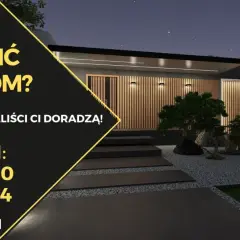 Nowoczesne oświetlenie elewacji domu parterowego podkreśla jego architekturę. Profesjonalne doradztwo w zakresie oświetlenia.