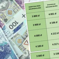 Tabela pokazuje, jak obliczyć emeryturę brutto na netto. Polskie banknoty 50 i 100 zł leżą obok tabeli z wyliczeniami.
