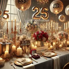 Tavola apparecchiata per nozze anniversari, con palloncini a forma di numeri, candele accese, fiori e regali.