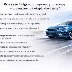 Niebieski samochód na drodze, z tekstem o większych felgach i ich wpływie na opór toczenia opony.