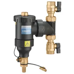 Urządzenie do czyszczenia filtra magnetycznego Caleffi DIRTMA G. Złote zawory i czarny korpus.