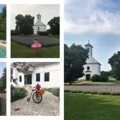 Węgry wakacje z dziećmi: basen, urocza dziewczynka w różowej sukience, biały kościółek i ojciec z synkiem.