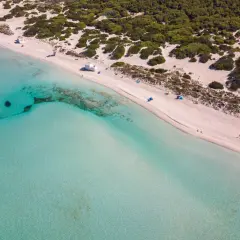 Widok z lotu ptaka na plażę Es Trenc z turkusową wodą i zielonym lasem piniowym w tle.