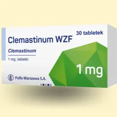 Opakowanie leku Clemastinum WZF, zawierające 30 tabletek po 1 mg. Producent Polfa Warszawa S.A.