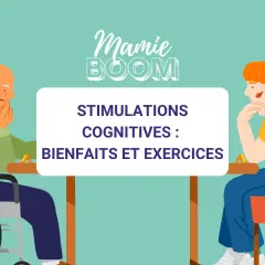 Un homme âgé en fauteuil roulant et une jeune femme réfléchissent, participant à un jeu cognitif adulte.