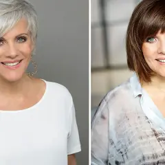 Birgit Schrowange: links mit grauen Haaren und Blumenohrringen, rechts mit braunen Haaren.