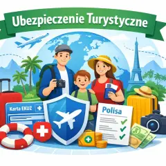 Rodzina w podróży z walizkami i aparatem, symbolizująca santander ubezpieczenie turystyczne. Widoczny globus, samolot i wieża Eiffla.