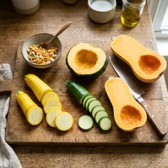 Preparing a healthy meal. Curious if dogs eat squash? This image shows butternut squash, zucchini, and yellow squash, all safe for pups in moderation.