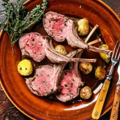 Costolette di agnello in padella, succulente e rosate, servite con patate novelle arrosto e rametti di timo su un piatto di terracotta.