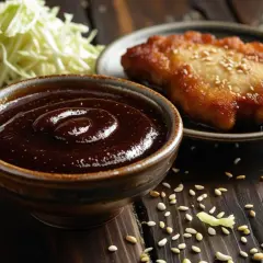 Gęsty, ciemny sos tonkatsu w miseczce, obok smażonego kotleta i poszatkowanej kapusty. Idealny dodatek do japońskich dań.