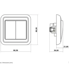 Schemat łącznika świecznikowego dwuklawiszowego. Wymiary: 80,50 mm x 80,50 mm, głębokość 36 mm, wysokość 21 mm.