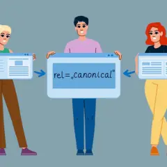 Trzy osoby prezentują ekrany z tekstem "rel=„canonical”", symbolizującym linki kanoniczne.