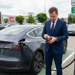Mężczyzna w garniturze sprawdza portfel przy ładowarce do Tesli. Zastanawia się, ile kosztuje ładowanie samochodu elektrycznego w domu.