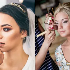 Trucco sposa naturale: un primo piano di due spose che si preparano, una con un velo e una tiara, l'altra mentre riceve un tocco di fard.