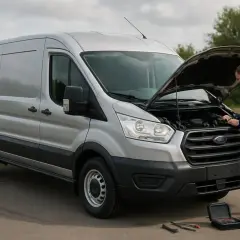 Un mécanicien vérifie le moteur d'un Ford Transit 2.0 TDCI 170 ch, symbolisant sa fiabilité. Outils et boîte à outils à proximité.