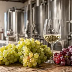 Uva bianca e rossa su un tavolo di legno, con un bicchiere di vino bianco e grandi serbatoi di acciaio inossidabile sullo sfondo, evocano il processo di vinificazione in bianco.