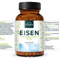 Flasche mit Eisen-Nahrungsergänzungsmittel. Zutatenliste nennt Eisenbisglycinat. Mögliche eisenbisglycinat nebenwirkungen sind nicht aufgeführt.
