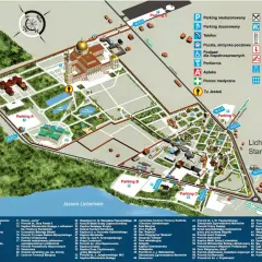Mapa Sanktuarium w Licheniu. Widać parkingi, bazylikę, jezioro i liczne obiekty pielgrzymkowe. Licheń parking cena nie jest podana.