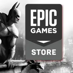 Batman na dachu, obok logo Epic Games Store. Sprawdź darmowe gry Epic Games!