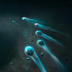 Un gruppo di comete 375, illuminate da una stella blu, sfrecciano nello spazio lasciando scie luminose.