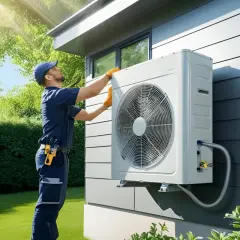 Installatör monterar en luftvärmepump, en investering som kan ge bidrag till uppvärmningskostnader.