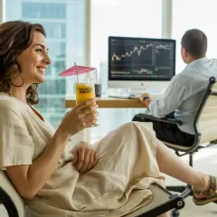 Kobieta z drinkiem i parasolką obserwuje wykresy na monitorze, podczas gdy mężczyzna pracuje. Czy trading jest legalny? Tak, a wyniki mogą być relaksujące.