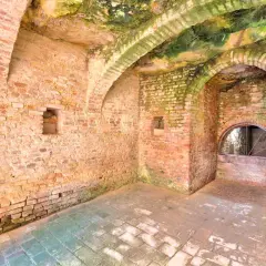 Interno di Santa Maria a Monte: muri in mattoni grezzi, volte muschiose e un arco con una finestra semicircolare.