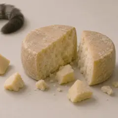 Un trozo de queso duro, partido en dos, con trozos pequeños esparcidos. La cola de un gato se asoma, sugiriendo que los gatos pueden comer queso.