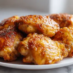 Chrupiące udka z airfryer na białym talerzu, apetycznie wyglądające i gotowe do podania.