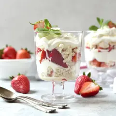Pyszny Eton Mess z truskawkami i bitą śmietaną w kieliszkach, ozdobiony miętą.