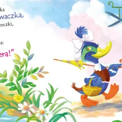 Kaczka dziwaczka z wiersza, z parasolką i koszykiem, idzie do fryzjera. Obok fryzjer strzygący klienta.