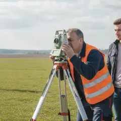Geodeta z niwelatorem i pomocnik na polu. Para obserwuje pomiary, które są kluczowe dla aktu notarialnego i wpisu do księgi wieczystej.