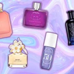 Kolekcja perfum: różowy Kayali, fioletowy Gucci Guilty, żółty Daisy, niebieski Hugo Boss i fioletowy Sol de Janeiro. Intensywna fiołka w tle.