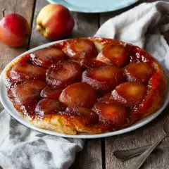 En gyllene tarte tatin med karamelliserade äpplen på en vit tallrik, omgiven av äpplen och en linneduk.