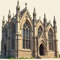 Kamienna budowla z licznymi wieżyczkami i ostrymi łukami, idealny przykład architektury romantyzmu.