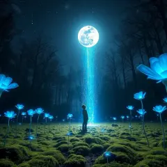Nocny las, gdzie świecące na niebiesko kwiaty tworzą magiczną polanę. W centrum stoi postać, wpatrzona w snop światła z księżyca. To jak piękny sen o kwiatach.