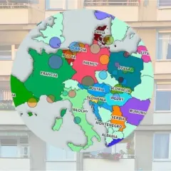 Mapa Europy z zaznaczonymi krajami i okręgami, pokazująca ceny nieruchomości.