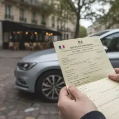Main d'une personne tenant un certificat d'immatriculation (carte grise) devant une voiture argentée garée dans une rue pavée.