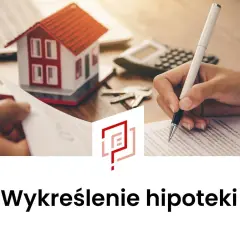 Podpisanie dokumentów do wypisu hipoteki z księgi wieczystej. Miniatura domu, klucze, kalkulator i ręka pisząca na umowie.