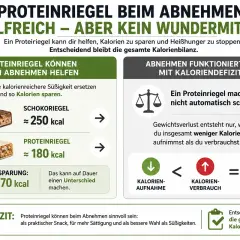 Ein proteinriegel gesund kann helfen, Kalorien zu sparen. Ersetzt man einen Schokoriegel (250 kcal) durch einen Proteinriegel (180 kcal), spart man 70 kcal.