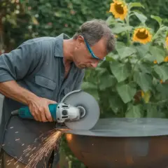 Un homme fabrique un brasero barbecue fait maison, des étincelles jaillissent.