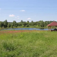 Malownicze jezioro krasowe otoczone zielenią, z altanką i rowerem przy brzegu.