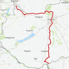 Trasa rowerowa EuroVelo 6 wzdłuż Dunaju, od Bratysławy przez Budapeszt po Szekszárd, z zaznaczonymi miastami i jeziorami.